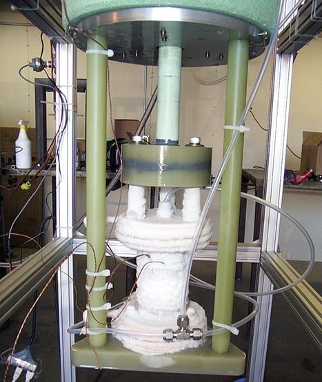 The quick-disconnect valve is shown here undergoing cryogenic testing as part of the Phase II SBIR contract with Johnson Space Center.
