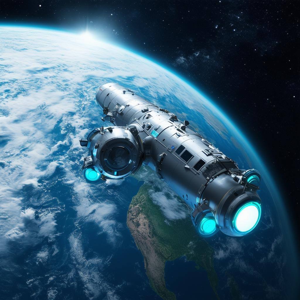 Satellite view of Earth with spacecraft in orbit