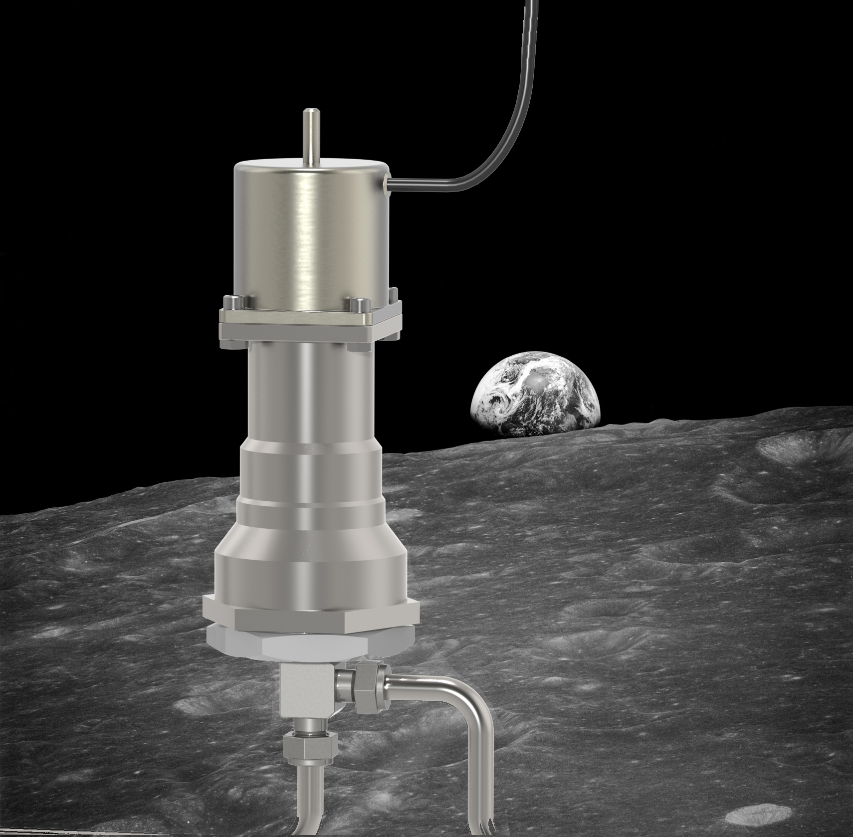 Aerospace valve rendering with moon in background