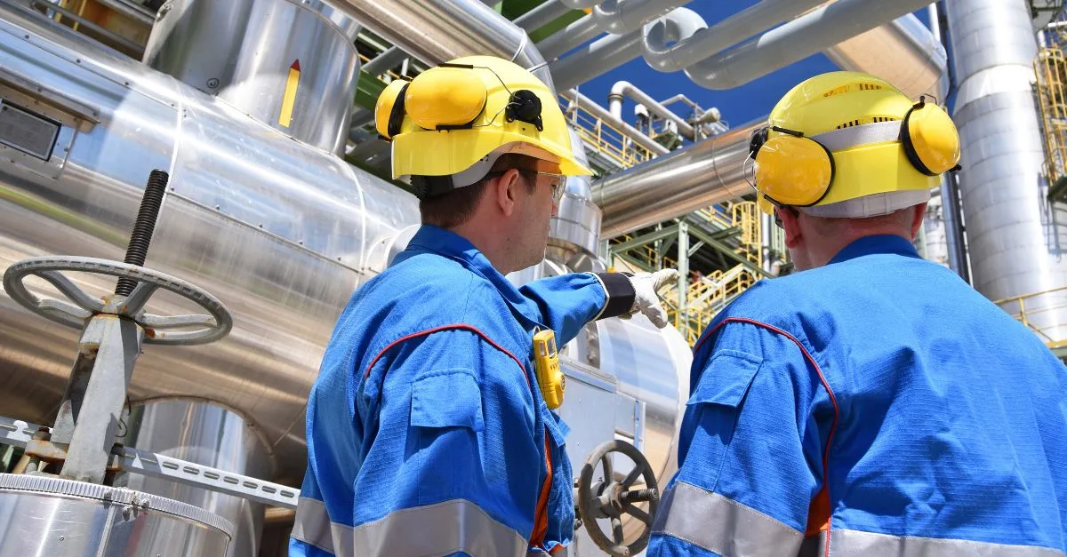 Two workers reviewing emissions in a refinery