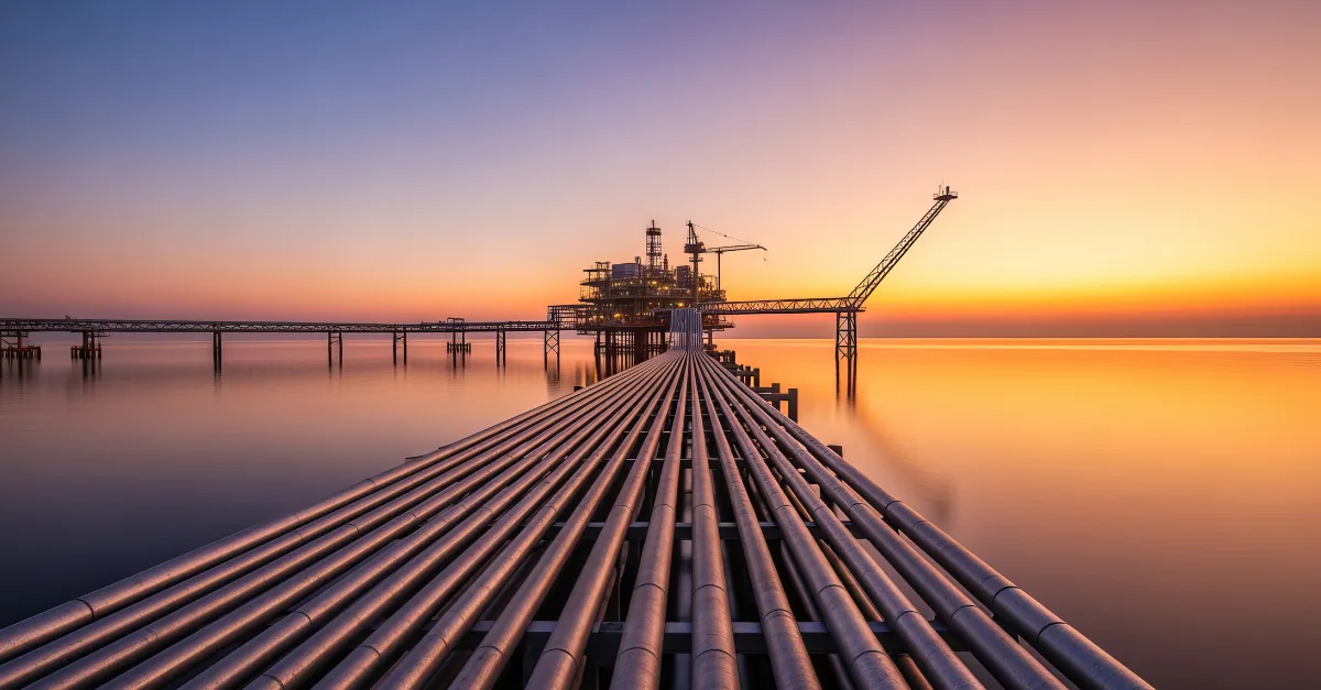 Oil & Gas facility at a port overlooking the water at sunset